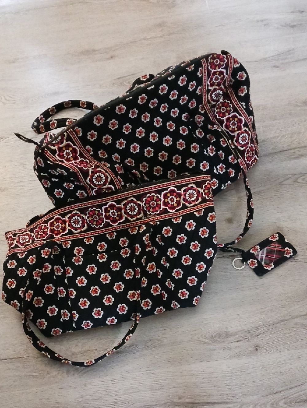 Vera Bradley Retired Black Pirouette Quilted Large Duffle, Tote & ID Key Ring